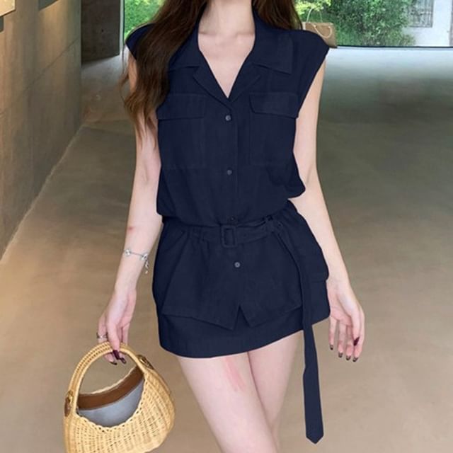 Strawolf-Sleeveless Collared Button-Up Plain Blouse High Waist Mini Pencil Skort