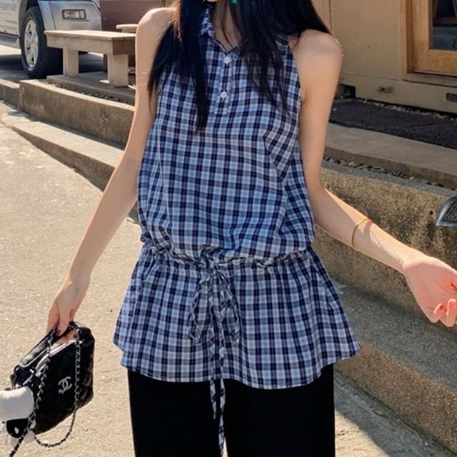 Strawolf-Sleeveless Collared Plaid Drawstring Shirt