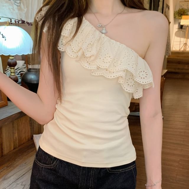 Strawolf-Sleeveless One Shoulder Plain Embroidered Eyelet Ruffle Top