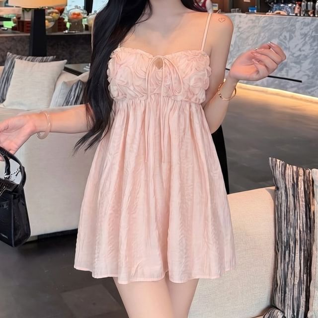 Strawolf-Spaghetti Strap Floral Accent Plain Mini A-Line Dress