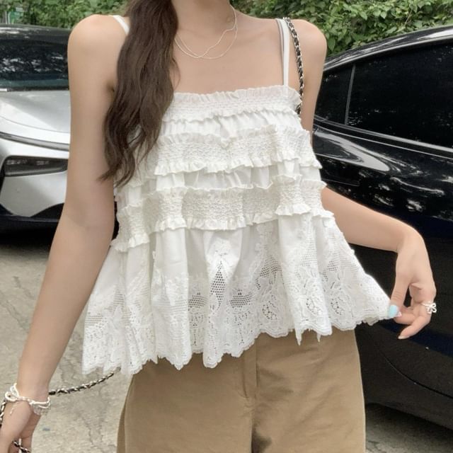 Strawolf-Spaghetti Strap Plain Lace Ruffle Trim Camisole Top