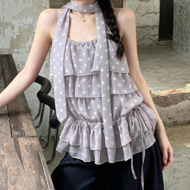 Strawolf-Spaghetti Strap Scoop Neck Dotted Tiered Camisole Top