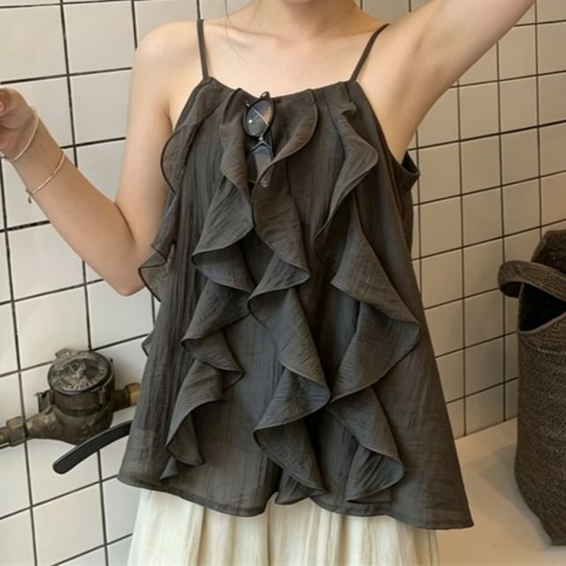 Strawolf-Spaghetti Strap Scoop Neck Plain Ruffle Trim Flowy Camisole Top