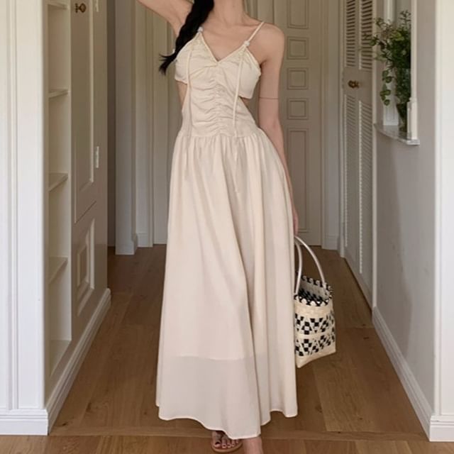 Strawolf-Spaghetti Strap V-Neck Cutout Plain Maxi A-Line Dress