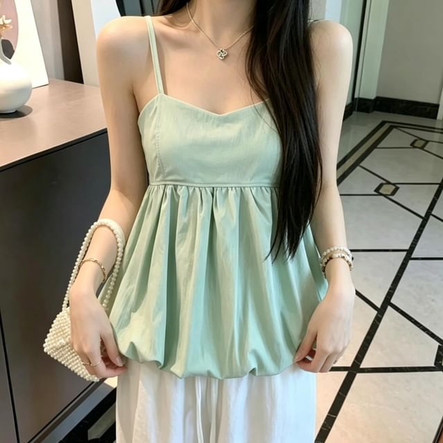 Strawolf-Spaghetti Strap V-Neck Plain Bubble Camisole Top