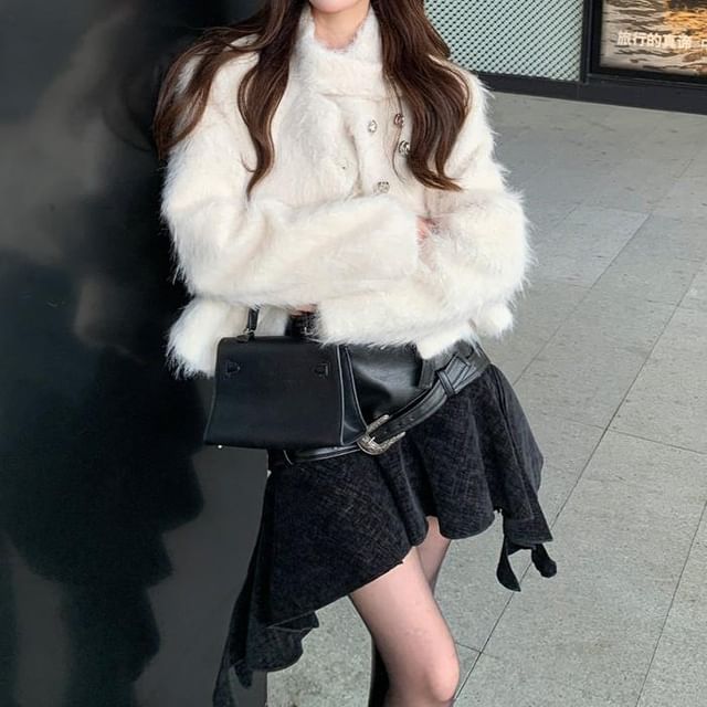 Strawolf-Stand Collar Asymmetrical Fluffy Button-Up Plain Crop Jacket High Waist Mini A-Line Skirt Belt Set