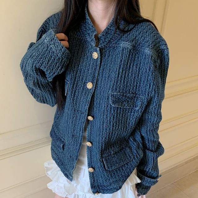 Strawolf-Stand Collar Button-Up Denim Jacket