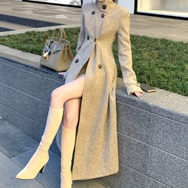 Strawolf-Stand Collar Plain Maxi Double Breasted Coat