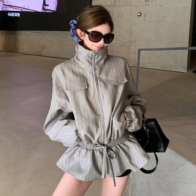 Strawolf-Stand Collar Striped Peplum Drawstring Waist Zip Jacket