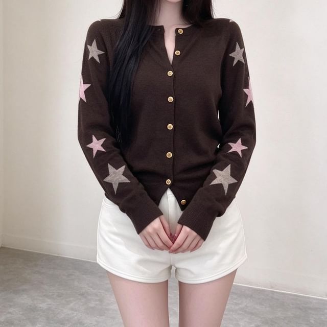 Strawolf-Star Pattern Button-Up Knit Cardigan