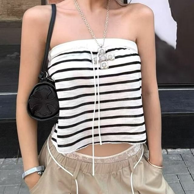 Strawolf-Striped Drawstring Crop Tube Top