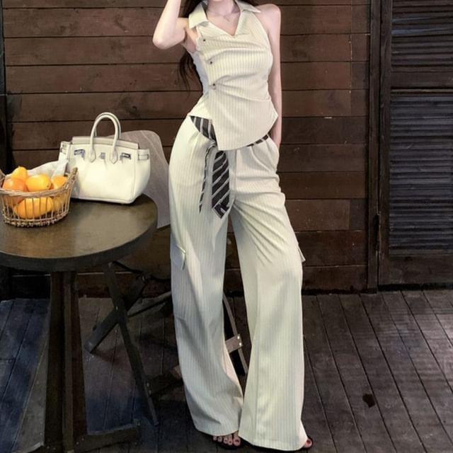Strawolf-V-Neck Collared Pinstripe Asymmetrical Buttoned Crop Tank Top High Waist Wide Leg Pants Belt Set