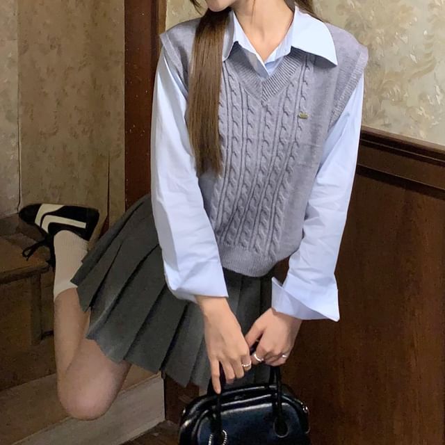 Strawolf-V-Neck Plain Sweater Vest Long-Sleeve Collared Plain Button Up Shirt High Waist Mini Pleated Skirt