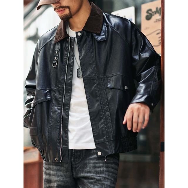 StreetDaily-Collared Faux Leather Zip Jacket
