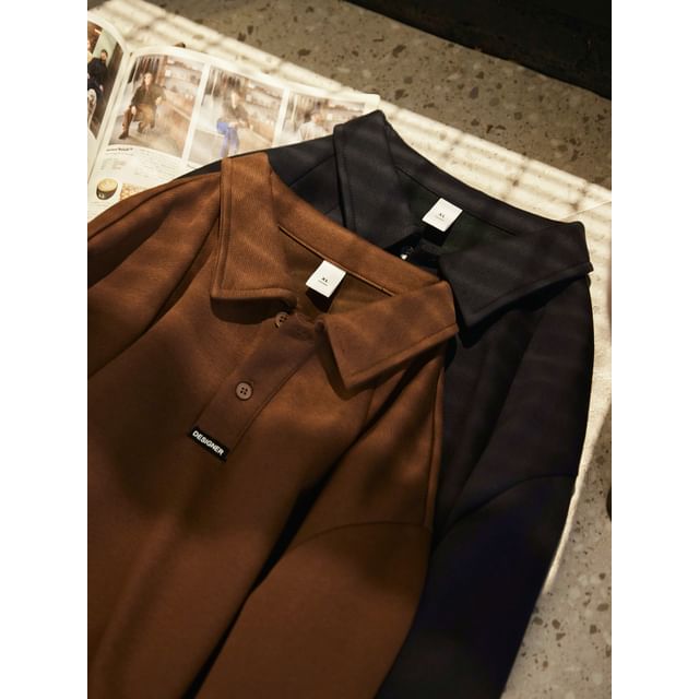 StreetDaily-Collared Plain Polo Sweatshirt