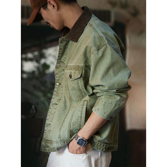 StreetDaily-Collared Washed Denim Button Up Jacket