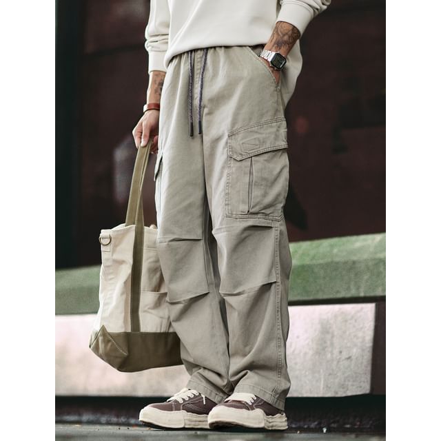 StreetDaily-Drawstring Waist Plain Straight Leg Cargo Pants