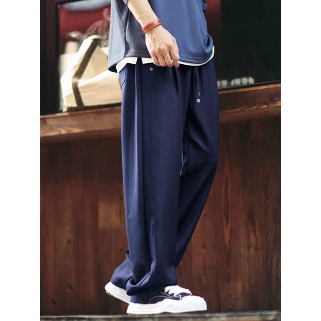 StreetDaily-Drawstring Waist Plain Straight Leg Pants