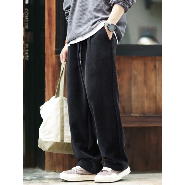 StreetDaily-Drawstring Waist Plain Straight Leg Sweatpants