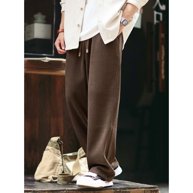 StreetDaily-Drawstring Waist Plain Wide Leg Sweatpants