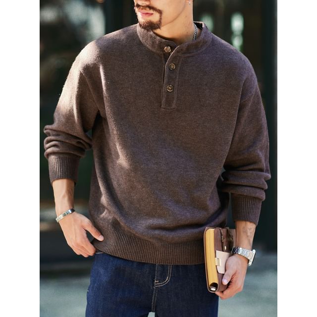 StreetDaily-Drop Shoulder Henley Neck Plain Sweater