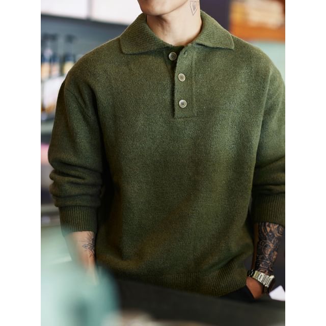 StreetDaily-Drop Shoulder Plain Polo Sweater