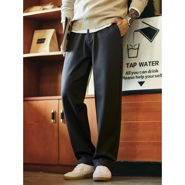 StreetDaily-High Waist Plain Straight Leg Pants