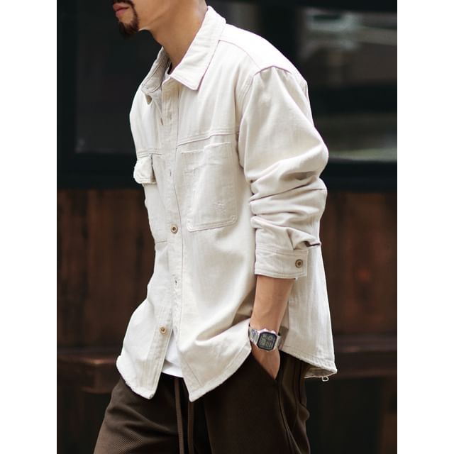 StreetDaily-Long Sleeve Collared Plain Cargo Shirt