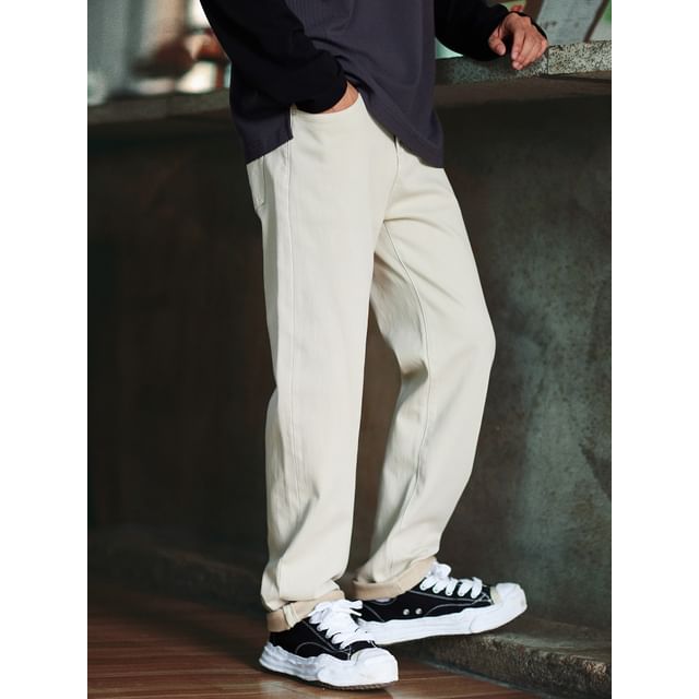 StreetDaily-Mid Rise Plain Straight Leg Pants