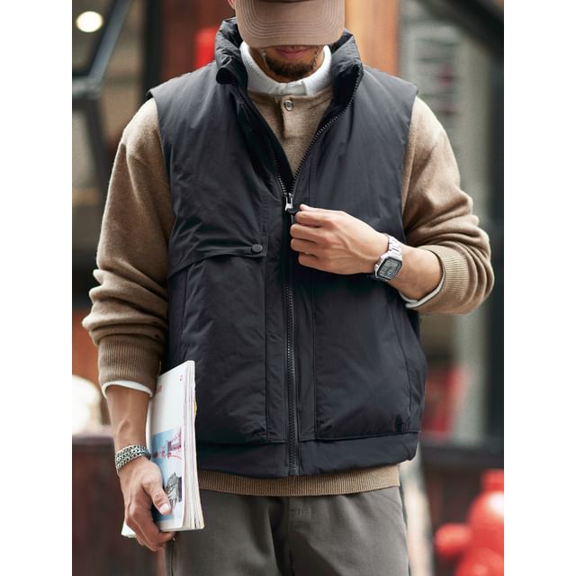 StreetDaily-Stand Collar Plain Puffer Vest