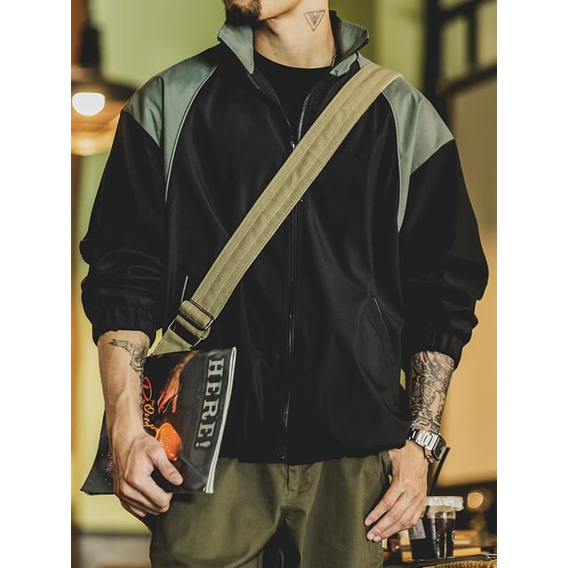StreetDaily-Stand Collar Two Tone Panel Zip Jacket