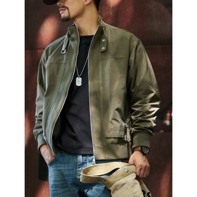 StreetDaily-Stand Collared Plain Zip Jacket