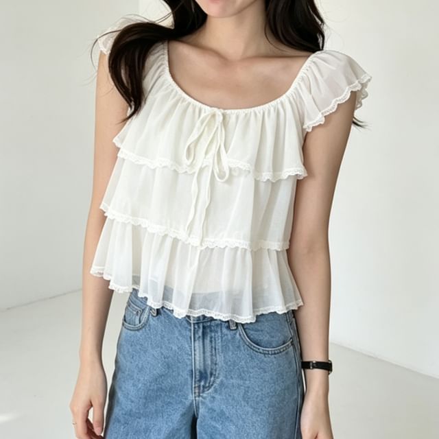 Striinkie-Cap-Sleeve Plain Lace Trim Ruffle Blouse