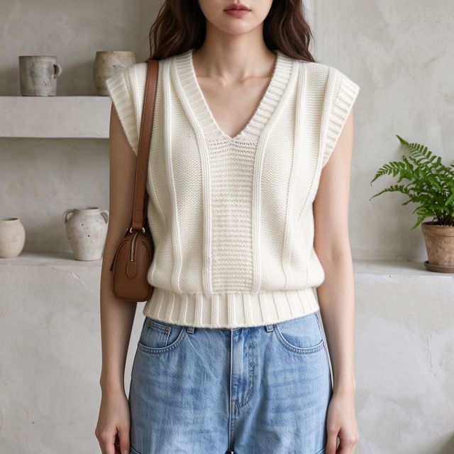 Striinkie-Cap-Sleeve V-Neck Plain Knit Top