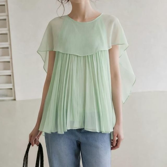 Striinkie-Cape Sleeve Round Neck Plain Pleated Blouse