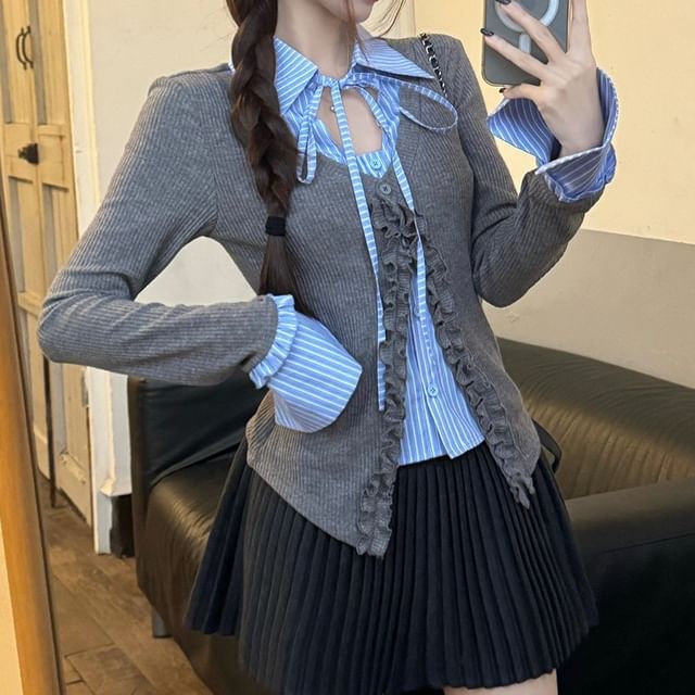 Striinkie-Collared Mock Two Piece Ruffle Trim Cardigan