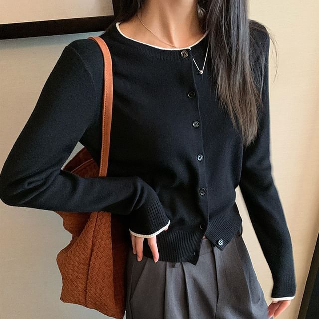 Striinkie-Contrast Trim Button-Up Cardigan