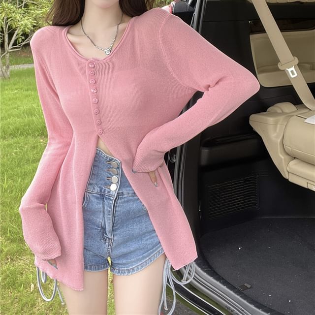 Striinkie-Crew Neck Button-Up Plain Sheer Slit Cardigan