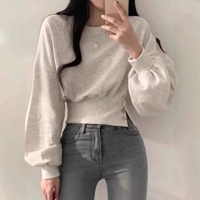 Striinkie-Crew Neck Plain Button Slit Crop Sweatshirt