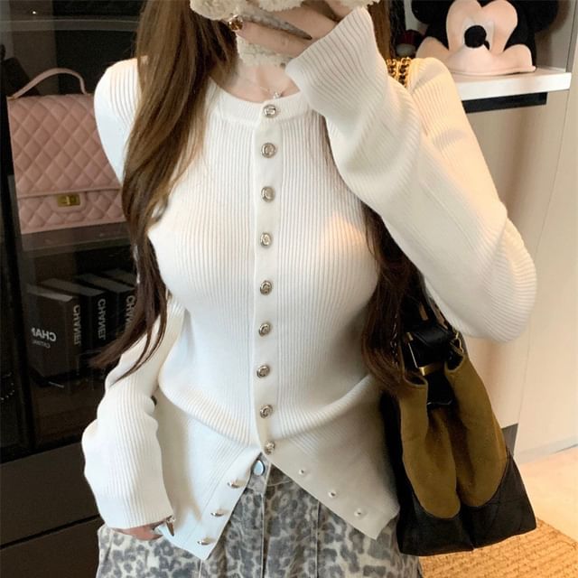 Striinkie-Crew Neck Ribbed Button-Up Plain Cardigan