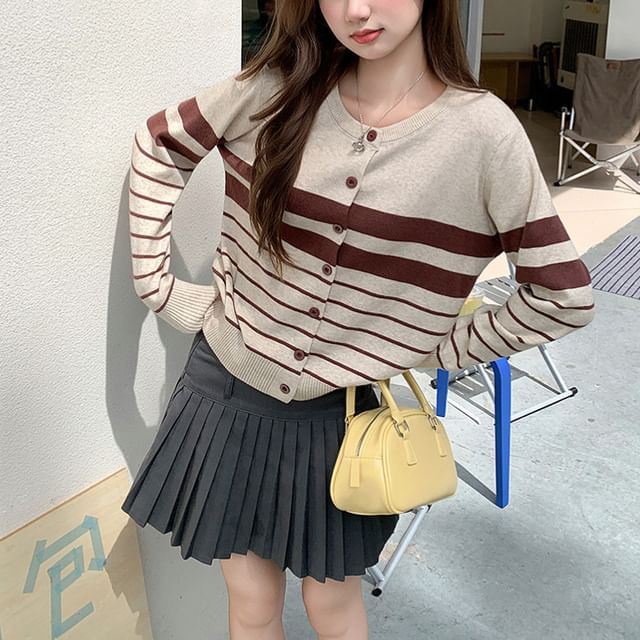 Striinkie-Crew Neck Striped Button-Up Cardigan