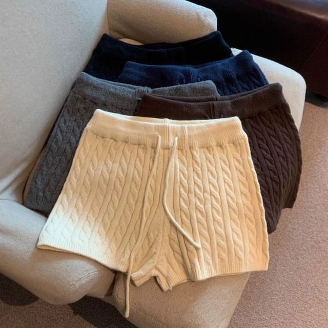 Striinkie-Drawstring Waist Plain Knit Hot Pants