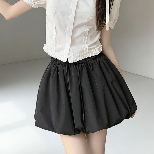 Striinkie-Drawstring Waist Plain Mini A-Line Skirt