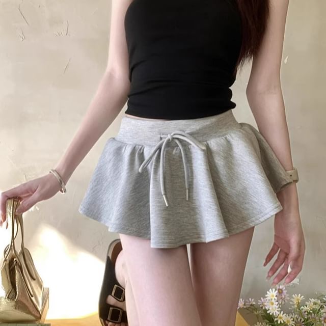 Striinkie-Drawstring Waist Plain Mini A-Line Skirt