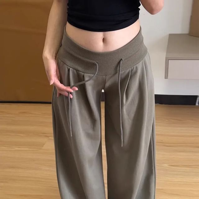 Striinkie-Drawstring Waist Plain Wide Leg Sweatpants