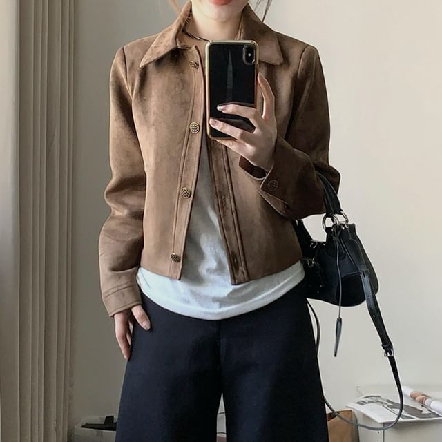 Striinkie-Faux Leather Collared Button-Up Crop Jacket