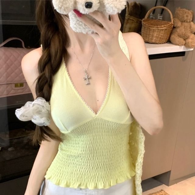 Striinkie-Halter Neck Smocked Plain Crop Top