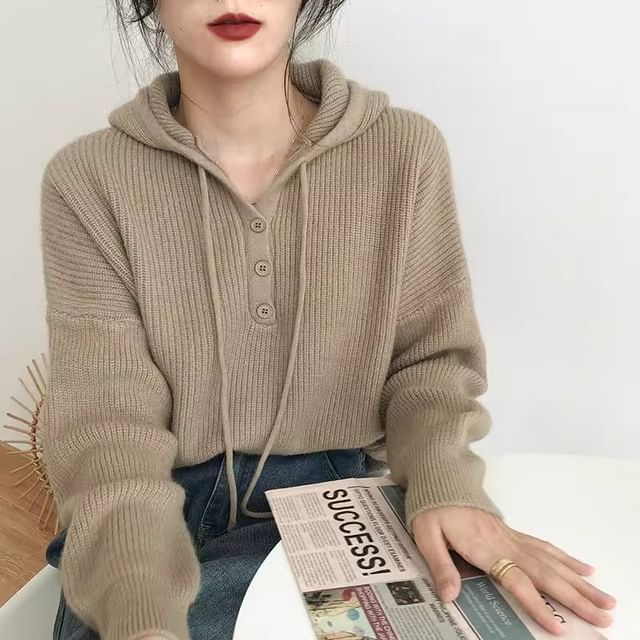 Striinkie-Henley Plain Knit Hoodie