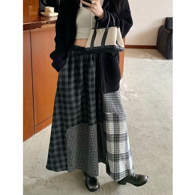 Striinkie-High Waist Checked Panel Maxi A-Line Skirt