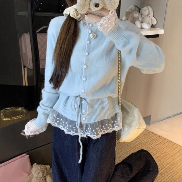 Striinkie-Lace Trim Drawstring Waist Button-Up Cardigan